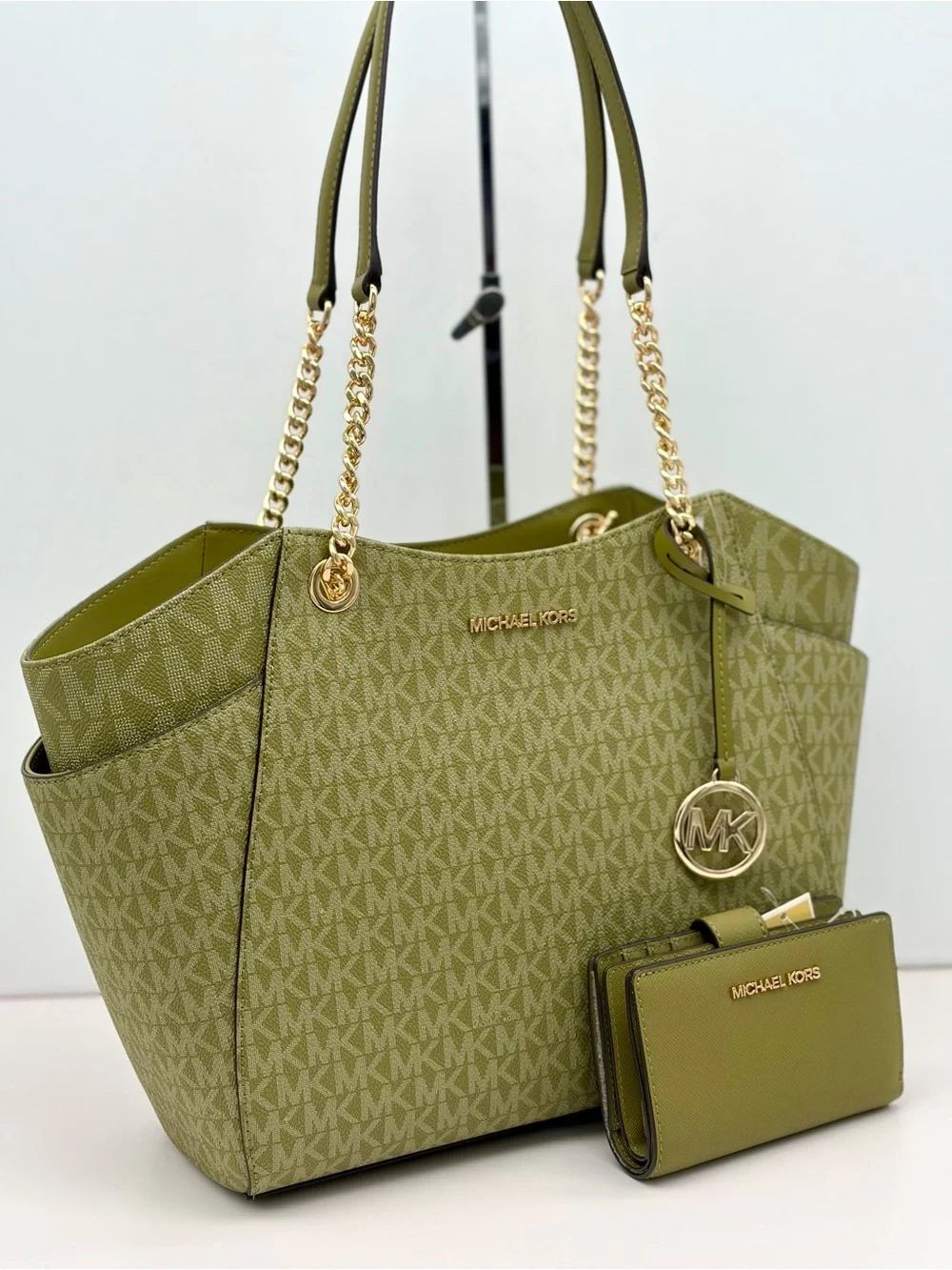 Michael Kors Olive Green MK Signature Chain Tote Shoulder Bag with Wallet Set